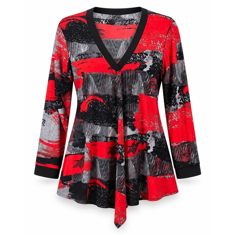 Eva Varro Red Black Abstract Print Tie Front Tunic Top Size L Made in USA